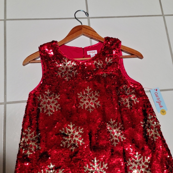 Cat & Jack Bright Red Flip Sequences Christmas Snowflakes XL 14-16 Dress - Picture 6 of 11